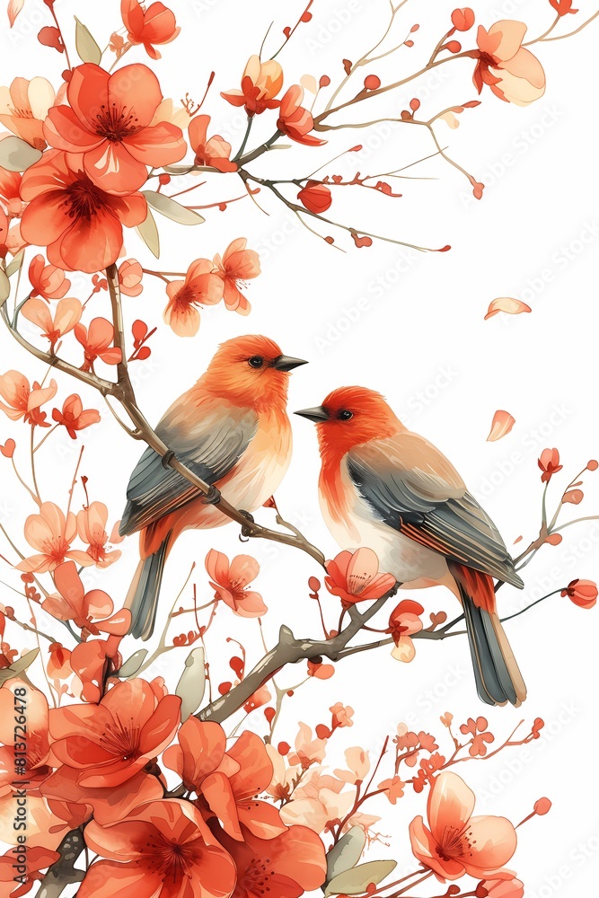Obraz premium Vibrant illustration of two orange birds on a branch surrounded by rich red blossoms sets a serene scene