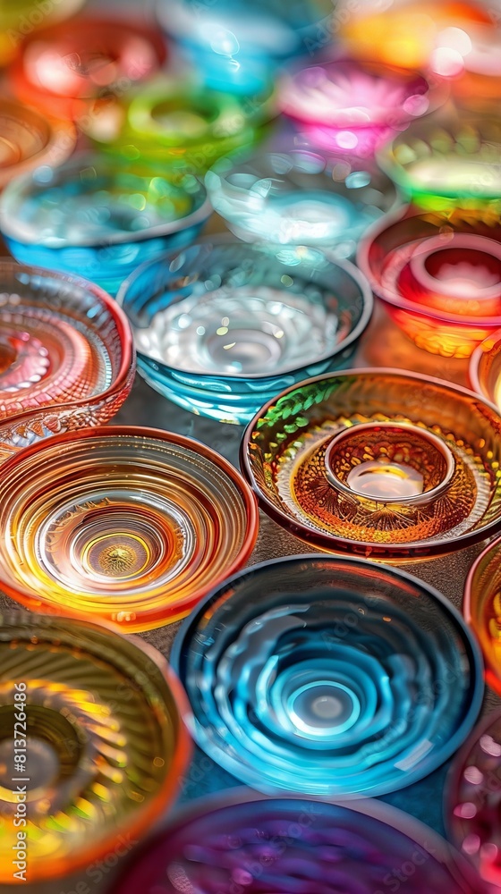 Multi-colored plates made of transparent glass with multi-colored shadows and bright reflections from the sun. Banner for a website or computer. Wallpaper for your phone.