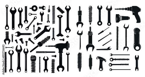 A set of screw tools, bolts, clinkers and building drills. Flat isolated elements. photo