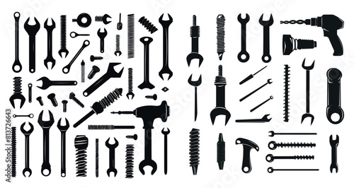 A set of screw tools, bolts, clinkers and building drills. Flat isolated elements.