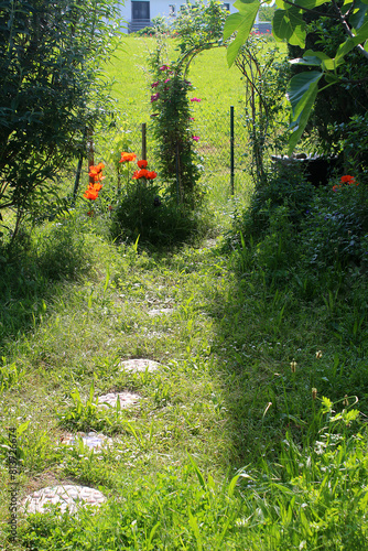 Stepping stones made of shells and concrete leading through a flower arch to the compost bin during No Mow May, Baden, Germany