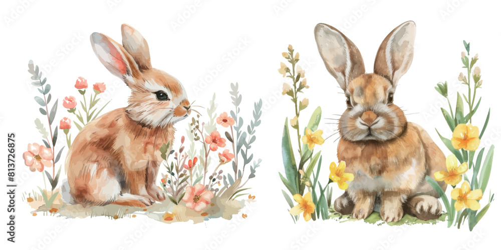 A watercolor illustration of a cute bunny and spring flowers