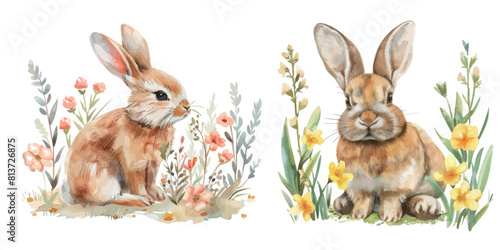 A watercolor illustration of a cute bunny and spring flowers