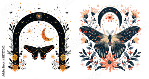 An esoteric flower arch, celestial frame. Magic mystic moth, bohemian floral gate and sun, moon