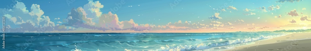 Fototapeta premium Blue ocean with waves, sandy beach and beautiful cloudy sky with sun. Landscape of sea nature from the anime series. Banner for advertising and websites.