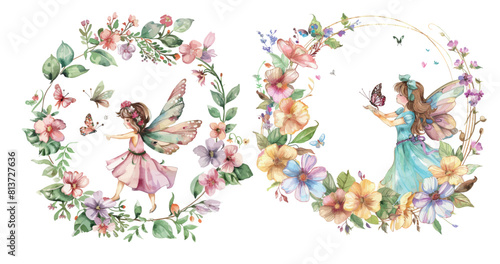 An illustration set depicting a flower frame surrounded by fairies in watercolor photo