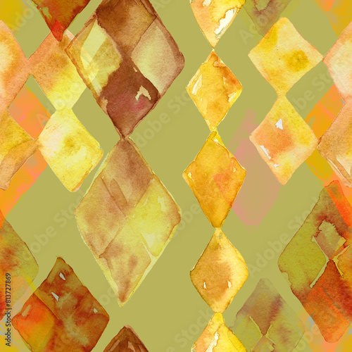 A seamless pattern with watercolor abstract diamonds in yellow and gold. Rhombus forms blending into lime color background. Design for textile, packaging, covers, surfaces, fabric.  (ID: 813727869)