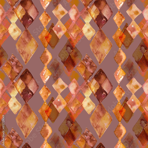 A seamless pattern with watercolor abstract diamonds in yellow and gold. Rhombus forms blending into beige background. Design for textile, packaging, covers, surfaces, fabric. (ID: 813728069)