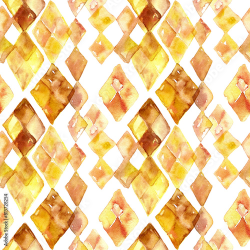 A seamless pattern with watercolor abstract diamonds in yellow and gold. Rhombus forms blending into white background. Design for textile, packaging, covers, surfaces, fabric.  (ID: 813728254)