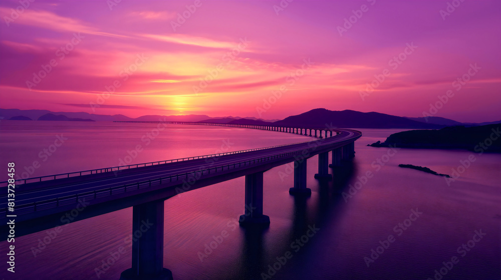 Aerial drone above view of asphalt road bridge over the sea or ocean water during the twilight sunset in the evening. Coast highway travel and transportation, bay tourism