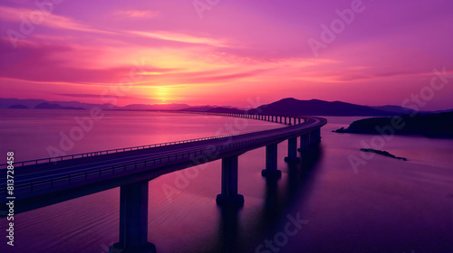 Aerial drone above view of asphalt road bridge over the sea or ocean water during the twilight sunset in the evening. Coast highway travel and transportation  bay tourism