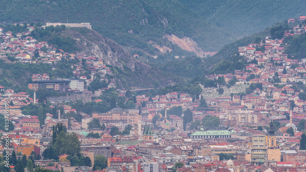 Naklejka premium Aerial view of the historic part of Sarajevo city timelapse.