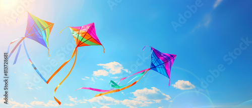 Three colorful kites flying in the sky on a sunny day. The kites are of different colors and sizes. Concept of joy and freedom. rainbow coloured kites with rainbow ribbons flying in the sky, sunny day