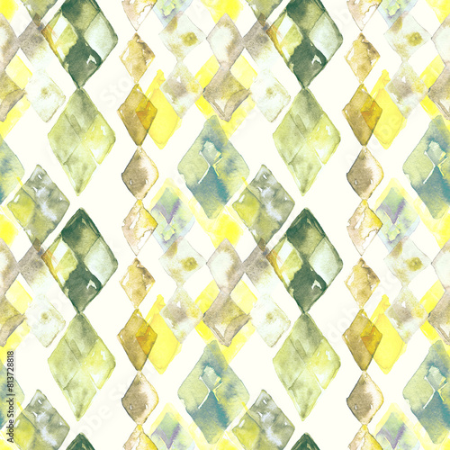 A seamless pattern with watercolor abstract diamonds in pastel yellow and teal, forms blending into background. Airy style rhombus. Soft blue colors. Design for textile, packaging, covers, surfaces.  (ID: 813728818)