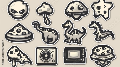 A monochrome retro stickers set isolated on a beige background. Abstract modern illustration featuring lots of psychodelic emojis, mushrooms, dinosaurs, pizza, burgers, cassette tapes, and