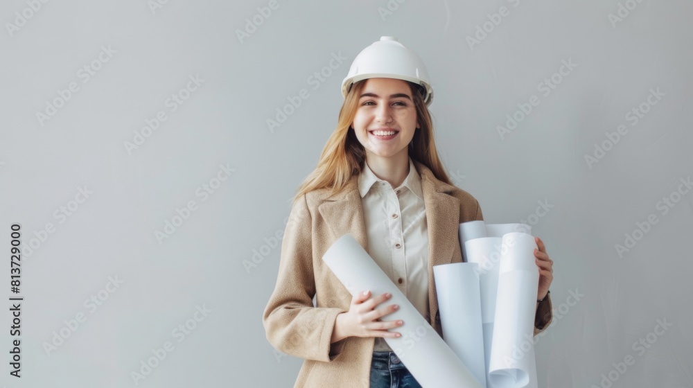 Smiling Female Engineer with Blueprints Smiling Female Engineer with Blueprints