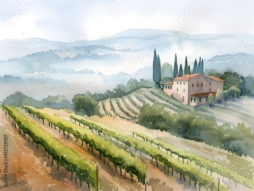 Misty Morning in the Tuscan Countryside with Charming Farmhouse and Vineyards