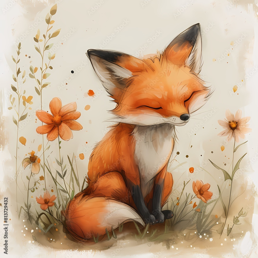 A sweet depiction of a sleeping fox curled up with its tail wrapped around it, surrounded by soft-hued flowers A sweet depiction of a sleeping fox curled up with its tail wrapped around it, surrounded by soft-hued flowers