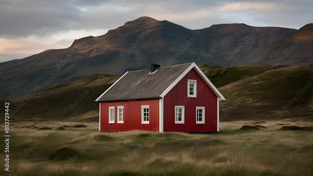 Casa roja aislada en la montaña, preciosa casa típica del norte de Europa en un paisaje aislada