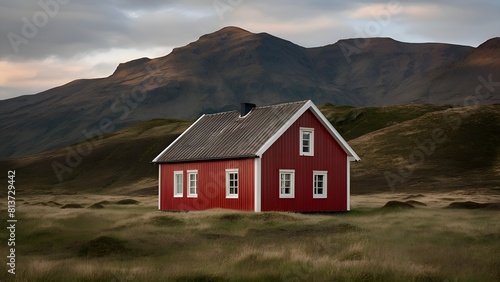 Casa roja aislada en la montaña, preciosa casa típica del norte de Europa en un paisaje aislada © Zaina