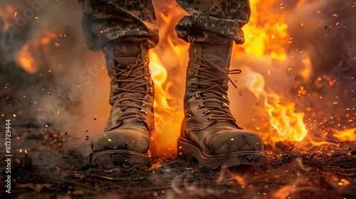Man in military boots standing in the fire. Close-up. War concept. photo