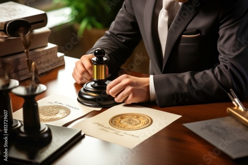 Close up of lawyer's hands approving legal document with official seal stamp at traditional law office desk
