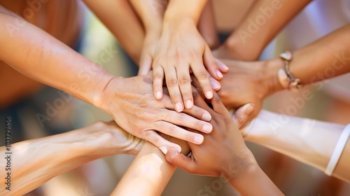 teamwork concept with hands stacking together  featuring a silver watch on one hand and a white arm in the background