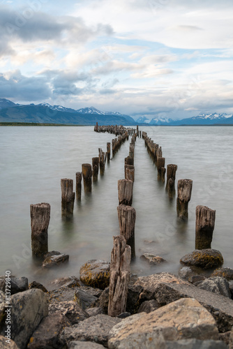 An abandoned pier in the sea near Peurto Natales in Chilean Patagonia - looking north.