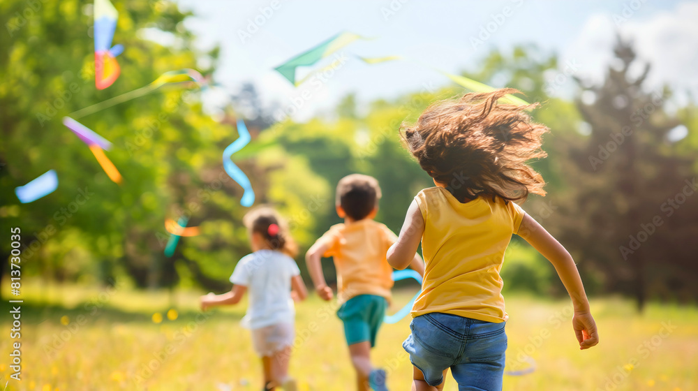 Fototapeta premium Rearview of happy joyful diverse boys and girls, kids playing outdoors, running and flying kite in the sunny spring or summer grass park. Leisure childhood activity, friends enjoy nature meadow field