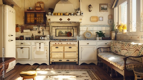 Cosy kitchen interior with a vintage-inspired stove and cozy seating area  evoking a sense of nostalgia and comfort.