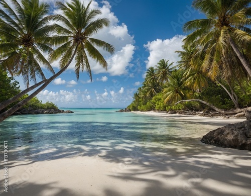A secluded beach framed by towering palm trees, with gentle waves lapping against the powdery white sand. © malik