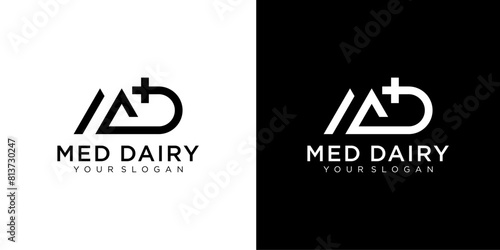 MD letter medicine Logo Design Vector Template. Abstract Alphabet MD with cross logo Illustration