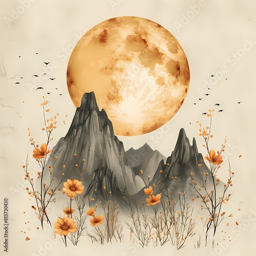 Serene mountainscape with a large textured moon and sparse vegetation under a pastel sky © Vladan