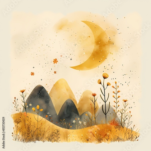 Warm-toned abstract art with a crescent moon hanging over stylized mountains surrounded by floral elements © Vladan