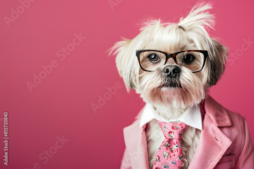Chic shih tzu in glasses and pink suit