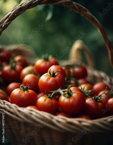 Close-up view of fresh tomatoes. Organic tomatoes grown in the village and standing in the basket 