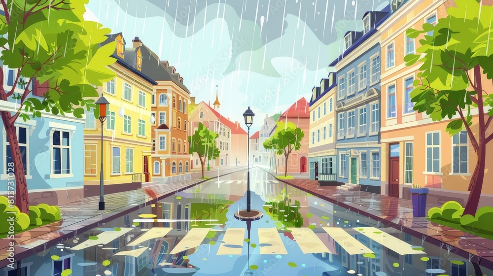 Rain in a Scandinavian urban street with traditional buildings, green trees, lanterns on the sidewalk, drops of water falling from roofs, puddles on the highway. Wet weather. Modern cartoon Rain in a Scandinavian urban street with traditional buildings, green trees, lanterns on the sidewalk, drops of water falling from roofs, puddles on the highway. Wet weather. Modern cartoon