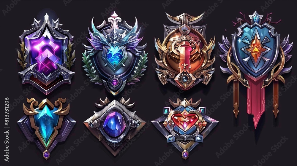 For rpg game user avatar border set. Silver medieval ui frame for winner icon design. Ancient ornament rank gui asset for name title. For rpg game user avatar border set. Silver medieval ui frame for winner icon design. Ancient ornament rank gui asset for name title.