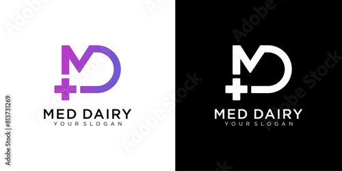 MD letter medicine Logo Design Vector Template. Abstract Alphabet MD with cross logo Illustration