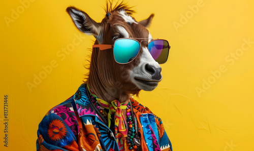 Stylish horse with sunglasses on yellow background