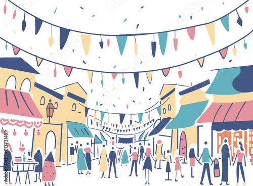 Festive Street Market, Vibrant Illustration of a Bustling Outdoor Marketplace with Colorful Banners