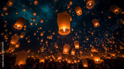 Sky lanterns in the night sky. AI Generated