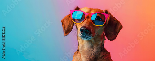 Stylish dog in sunglasses on gradient background photo