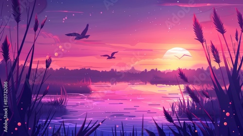 Wild nature landscape with flying birds, with swamp and cattail at night, in the morning, or at sunset. Pond and bulrush in park. Shining water surface on river fantasy cartoon illustration. photo