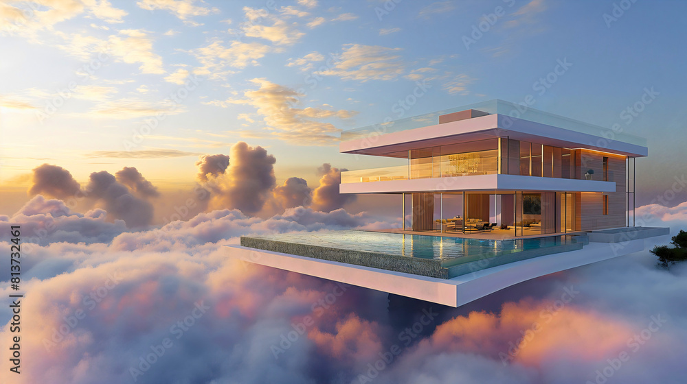 Fototapeta premium Luxury dream house or hotel building with swimming pool in the clouds on the sky. Vacation or holiday paradise resort to relax and enjoy
