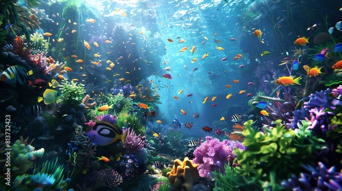 Underwater world full of life. Colorful fishes swim near a beautiful coral reef.