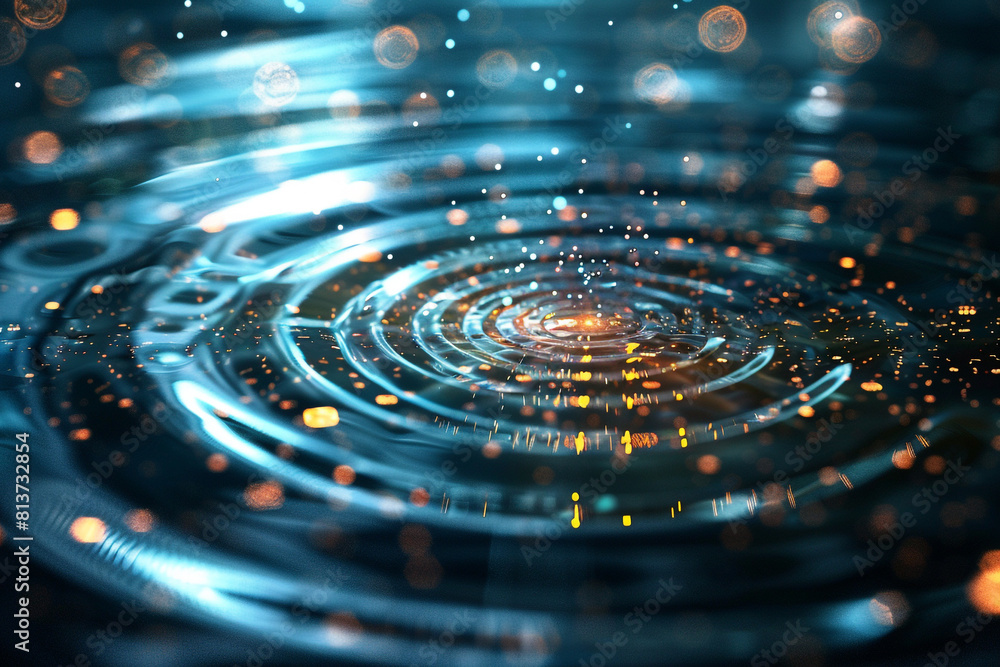 A serene digital pond, its surface rippled by droplets of light. Each ripple expands outward, carrying bits of data, illustrating the impact of information in digital realms. A serene digital pond, its surface rippled by droplets of light. Each ripple expands outward, carrying bits of data, illustrating the impact of information in digital realms.