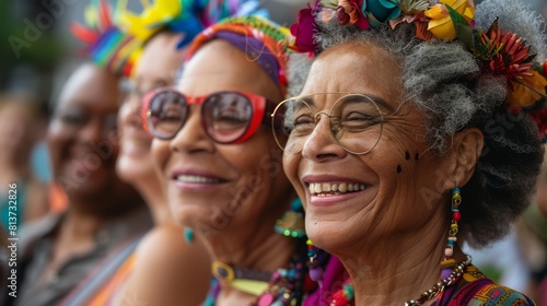 Three women wearing colorful clothing and headdresses are smiling for the camera