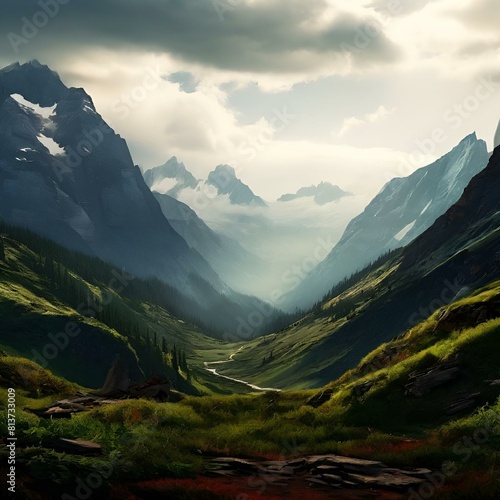 AI illustration of a digital painting of mountains and grassy fields © Wirestock