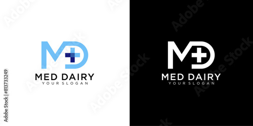 MD letter medicine Logo Design Vector Template. Abstract Alphabet MD with cross logo Illustration